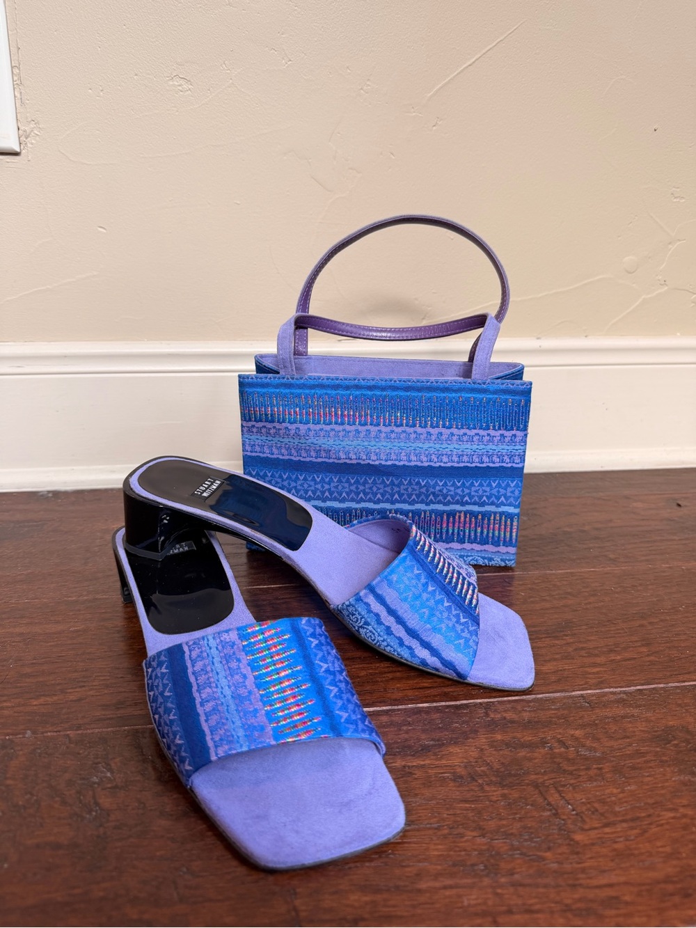Lavender & Blue Patterned Women's Slide Sandals with Matching Handbag